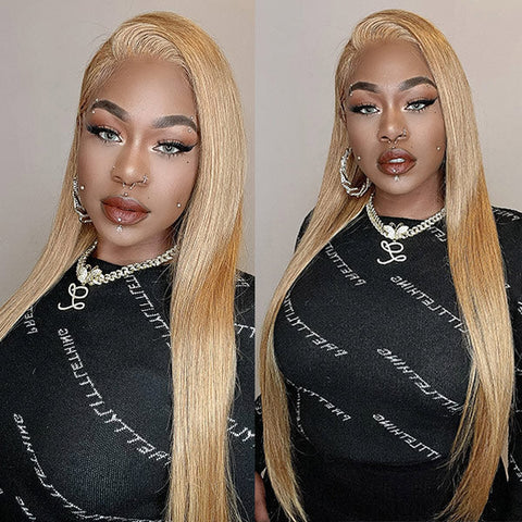 VSHOW Honey Blonde #27 Color Straight Human Hair Wigs Transparent lace Color Wigs