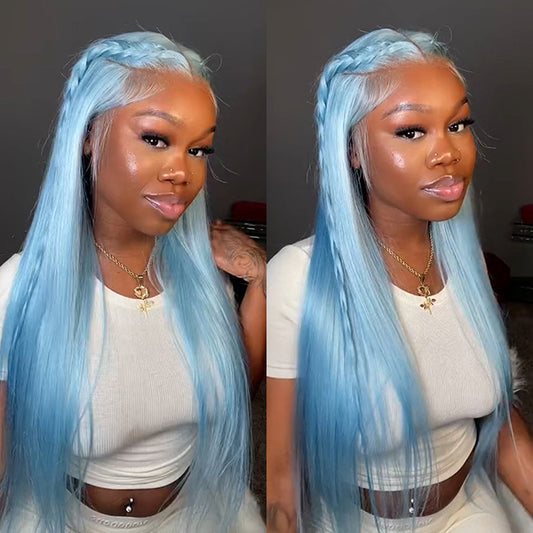 VSHOW Lake Blue Color Straight Hair Lace Front Wigs Real Human Hair Wigs