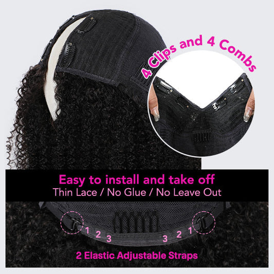 16 inch Only $89 Kinky Curly V Part Human Hair Wigs Beginners Friendly Wigs