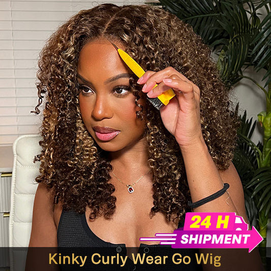 [Fast Shipment] VSHOW Kinky Curly Hair Highlight Wig Wear Go Wigs Glueless 4x6 HD Lace Wigs 180% Density