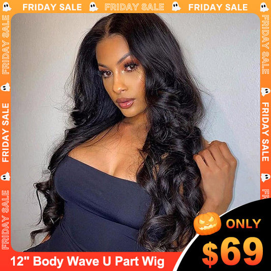 VSHOW Body Wave Human Hair U Part Wigs Natural Black