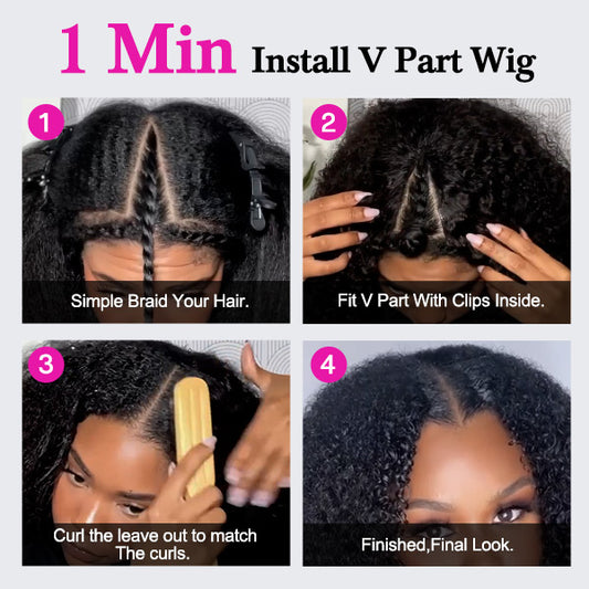 Vshow Glueless Wigs V Part Afro Curly Wig No Leave Out Thin Part Human Hair Wig With Drawstring Beginner Friendly