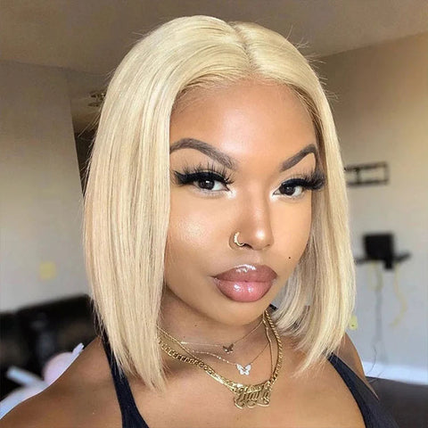VSHOW Short Blonde Hair Bob Lace Front Wigs 613 Hair Color Straight Cut Hair Blonde Human Hair Wigs