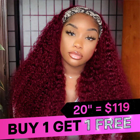 VSHOW HAIR Premium Burgundy 99J Kinky Curly Hair Headband Wigs 180% Density Glueless None Lace Wig