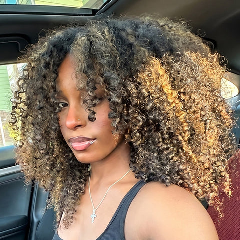 Vshow 3 In 1 Drawstring Half Wigs Kinky Curly Highlight Color Human Hair Wigs Flip Over Wig