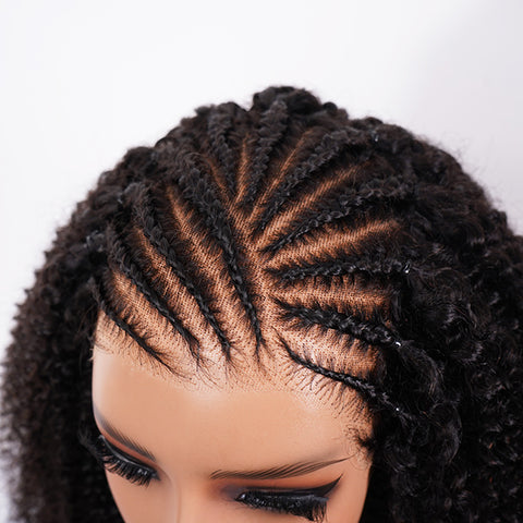 Pre-Braided Front Afro Curly 10x6 Parting Max Glueless Wigs Fulani Braids Curly Human Hair Wear Go Wigs