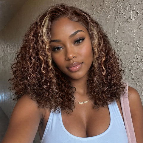 Vshow Short Water Curly Human Hair Bob Wig Blonde Highlight Chocolate Brown Pre-cut Lace Wear Go Glueless Wig