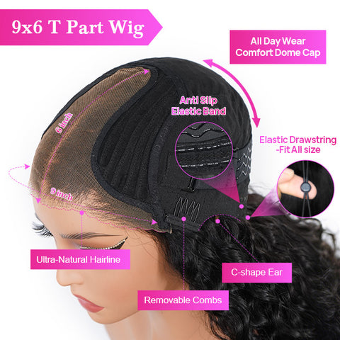 Burmese Curly Hair 9x6 T Part Lace Glueless Human Hair Wigs For Women 250% Density Deep Part Wig