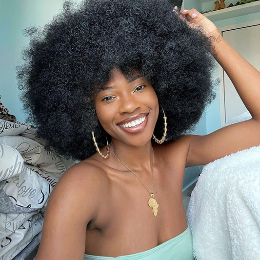 Vshow 70s Bouncy Curly Wigs Afro Curly Wig With Bangs Short Bobcut Fluffy Human Hair Wigs Natural Blend