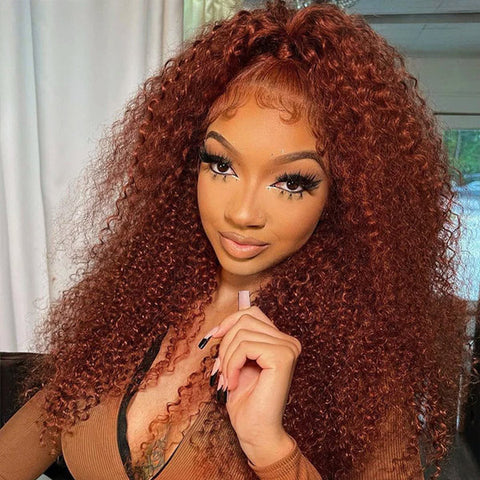 Vshow Reddish Brown Kinky Curly Hair Glueless Wear Go Wigs Pre-cut Lace 4x6 Wig