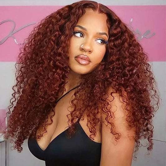 Reddish Brown Water Wave Curly Hair Wear Go Wigs Pre-Cut Lace Glueless Wigs