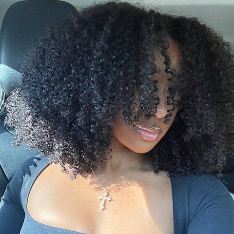 3 In 1 Half Wig With Elastic Band Afro Curly Human Hair Wigs Friendly To Beginners Natural Hairline