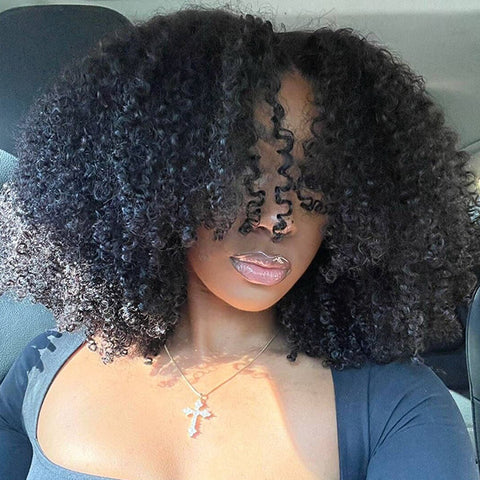 3 In 1 Half Wig With Elastic Band Afro Curly Human Hair Wigs Friendly To Beginners Natural Hairline