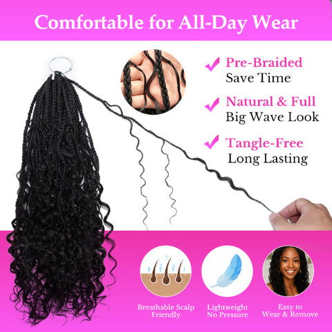 [PermaFuse Serise] Goddess Boho Box Braids Crochet Hair Pr-Looped With Wave Ends Blend  Human Hair Extensions Lightweight Breathable
