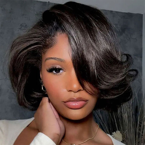 Vshow Pre Styled Straight Human Hair Blow Out Cut Bob Wig 7x5 Larger Lace Wear Go Glueless Wig Pre Cut HD Lace Wigs For Women Beginner Friendly