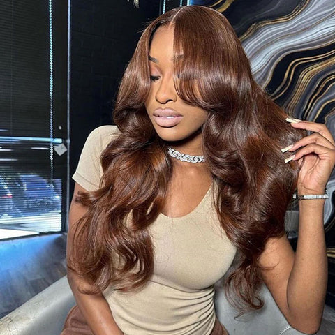 Vshow Chocolate Brown Layered Cut Glueless Wigs Face Framing Body Wave Human Hair Wig