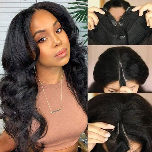 Clearance Sale Body Wave V Part Wigs 100% Human Hair Natural Black Machine Made Wigs