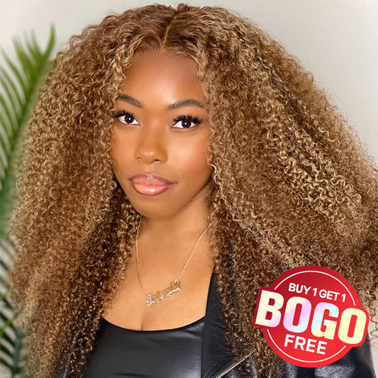 Buy One Get One Free Highlight  Kinky Curly 13x4 Lace Front Human Hair Wigs With Baby Hair