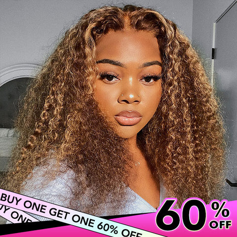 Ombre 4/27 Highlight Kinky Curly Hair V Part Human Hair Wigs No Leave Out Install