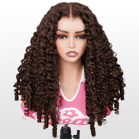 Vshow Burmese Curly Glueless Human Hair Wig Chocolate Brown Color Pre Cut 10x6 Lace Wear Go Wig With Drawstring