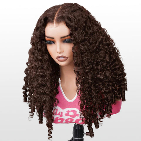 Vshow Burmese Curly Glueless Human Hair Wig Chocolate Brown Color Pre Cut 10x6 Lace Wear Go Wig With Drawstring