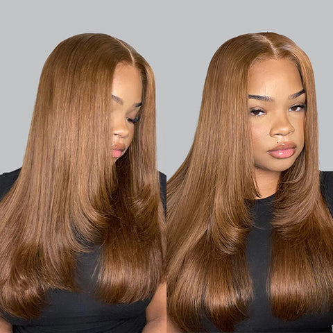 Pre Styled Chestnut Brown Color Straight Layered Cut Wigs 10x6 Lace 180% Density Human Hair Wigs