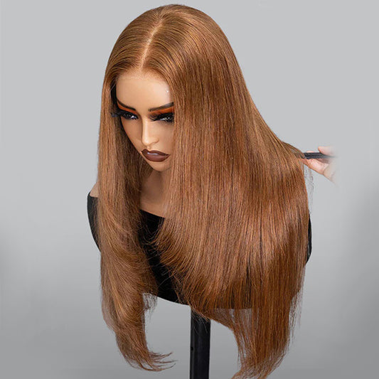 Pre Styled Chestnut Brown Color Straight Layered Cut Wigs 10x6 Lace 180% Density Human Hair Wigs