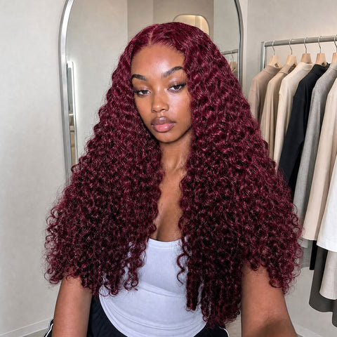 Vshow Burgundy Color Burmese Curly 13x6 Pre Cut Lace Front Human Hair Wigs For Women