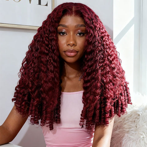 Vshow Burgundy Color Burmese Curly 13x6 Pre Cut Lace Front Human Hair Wigs For Women
