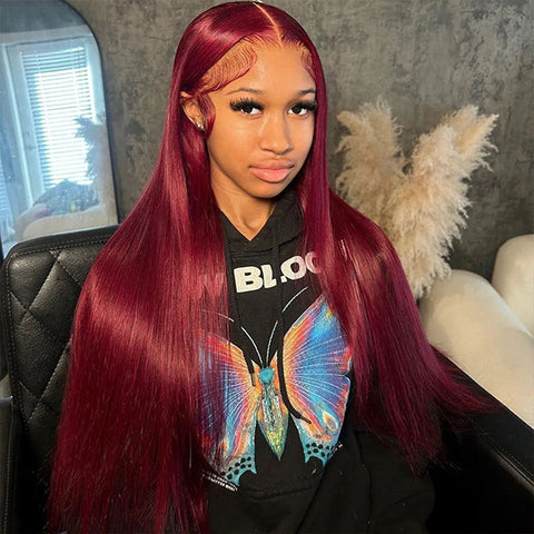 BOGO 99J Colored Hair Wigs Burgundy Straight Human Hair Wear Go Glueless Wigs Pre-cut Lace Wigs Preplucked Hairline