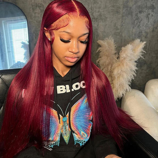 BOGO 99J Colored Hair Wigs Burgundy Straight Human Hair Wear Go Glueless Wigs Pre-cut Lace Wigs Preplucked Hairline