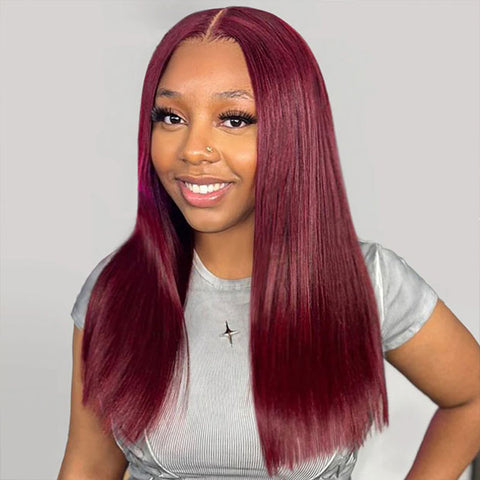 BOGO 99J Colored Hair Wigs Burgundy Straight Human Hair Wear Go Glueless Wigs Pre-cut Lace Wigs Preplucked Hairline