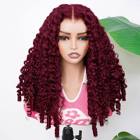Vshow 99J Burgundy Burmese Curly Hair Wear Go Glueless Human Hair Wigs 10x6 Pre Cut Lace Front Wig