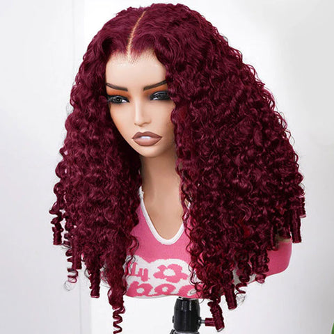 Vshow 99J Burgundy Burmese Curly Hair Wear Go Glueless Human Hair Wigs 10x6 Pre Cut Lace Front Wig