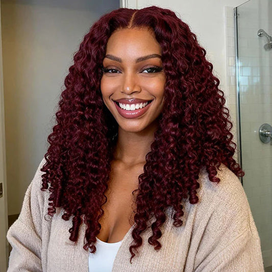 Vshow 99J Burgundy Burmese Curly Hair Wear Go Glueless Human Hair Wigs 10x6 Pre Cut Lace Front Wig