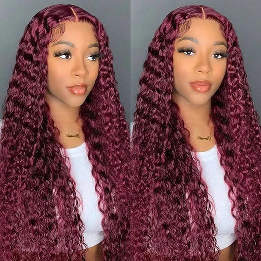 Burgundy Water Wave Human Hair Glueless Wear Go Wigs Pre-cut Lace 180% Density