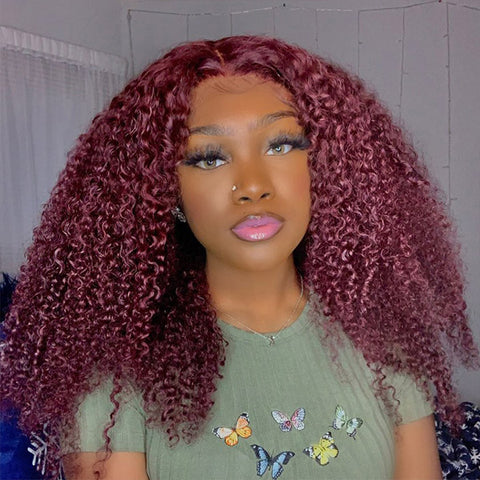 Burgundy Color Kinky Curly Wear Go Glueless Wigs Pre-Cut Lace Human Hair Wigs