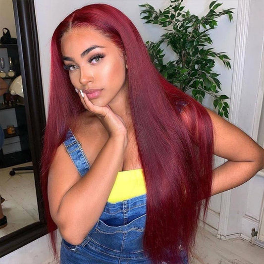 Burgundy Straight Human Hair Wear Go Glueless Wigs Pre-cut Hd Lace Wigs Preplucked Hairline