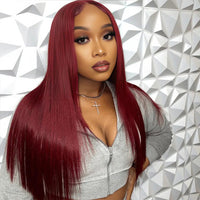 Burgundy Straight Human Hair Wear Go Glueless Wigs Pre-cut Hd Lace Wigs Preplucked Hairline