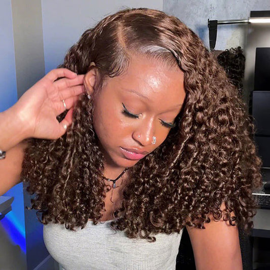 Vshow Burmese Curly Glueless Human Hair Wig Chocolate Brown Color Pre Cut 10x6 Lace Wear Go Wig With Drawstring