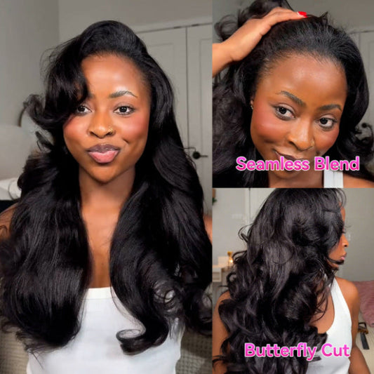 Pre Styled Butterfly Cut Layered Yaki Body V Part Human Hair Wigs With Drawstring 250% Density