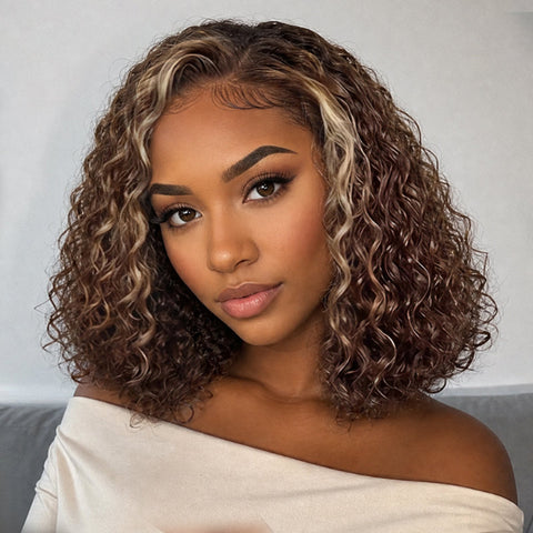 Vshow Short Water Curly Human Hair Bob Wig Blonde Highlight Chocolate Brown Pre-cut Lace Wear Go Glueless Wig