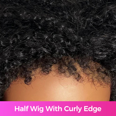 3 In 1 Half Wig With Elastic Band Afro Curly Human Hair Wigs Friendly To Beginners Natural Hairline