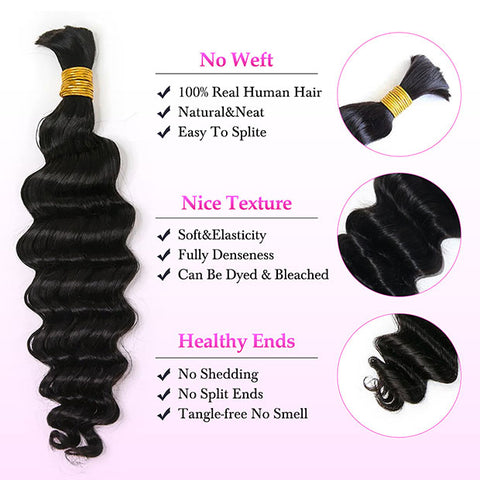 Seamless Deep Wave Crochet Hair Bulk No Weft Virgin Human Hair Extension Natural Black