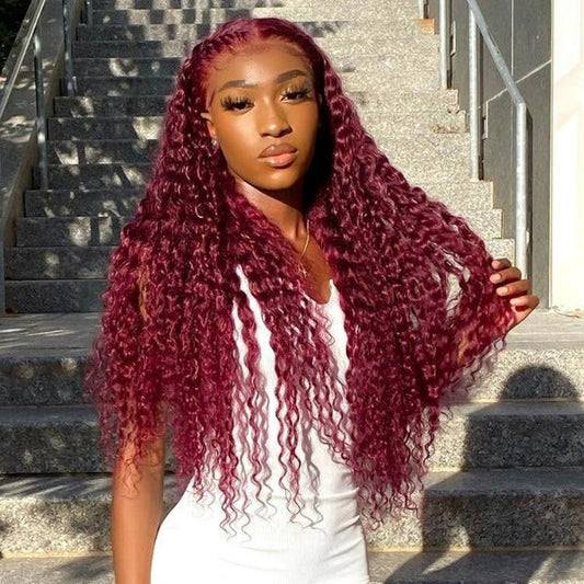 Burgundy 99J Deep Wave Human Hair Wear Go Wigs Pre-cut Lace 180% Density