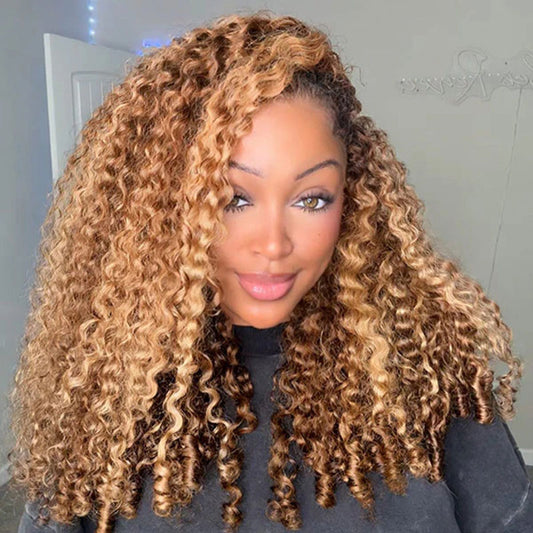 Vshow 250% Ombre Highlights 3 In 1 Half Wigs Burmese Curly Glueless Human Hair Wigs WIth Drawstring