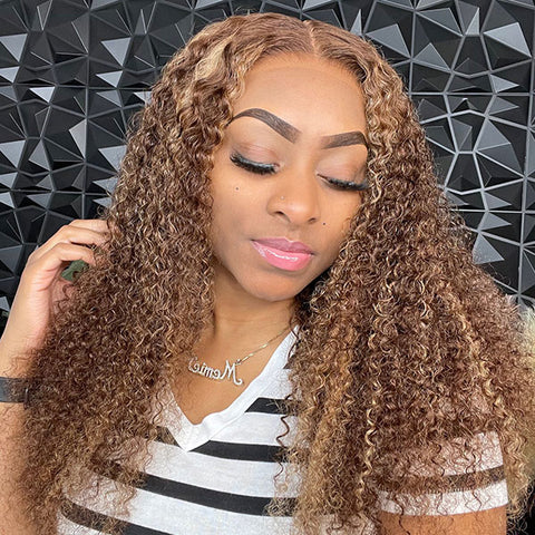 Ombre 4/27 Highlight Kinky Curly Hair V Part Human Hair Wigs No Leave Out Install