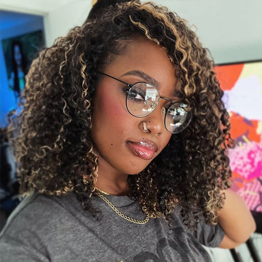 Vshow 3 In 1 Drawstring Half Wigs Kinky Curly Highlight Color Human Hair Wigs Flip Over Wig