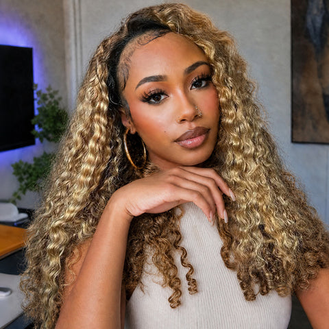 Vshow 250% Ombre Highlights 3 In 1 Half Wigs Burmese Curly Glueless Human Hair Wigs WIth Drawstring