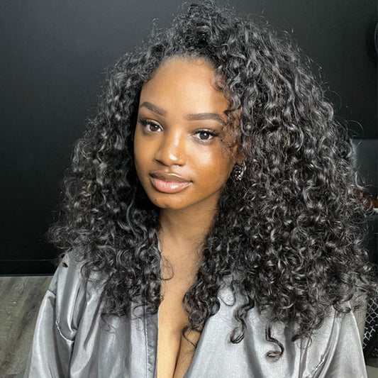Vshow Indian Curly 3 In 1 Half Wigs Natural Blend Human Hair Wigs With Drawstring Flip Over Curly Hair Glueless Wigs